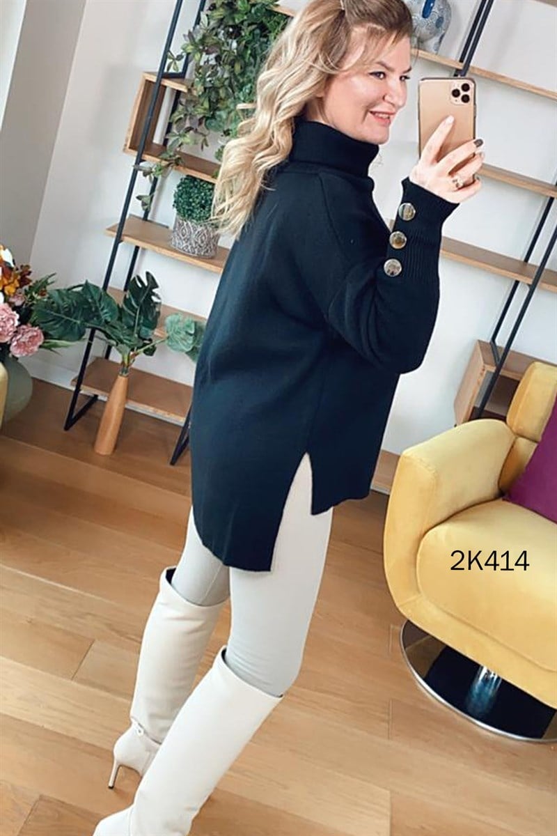 Kolu Düğmeli Boğazlı Triko Bluz