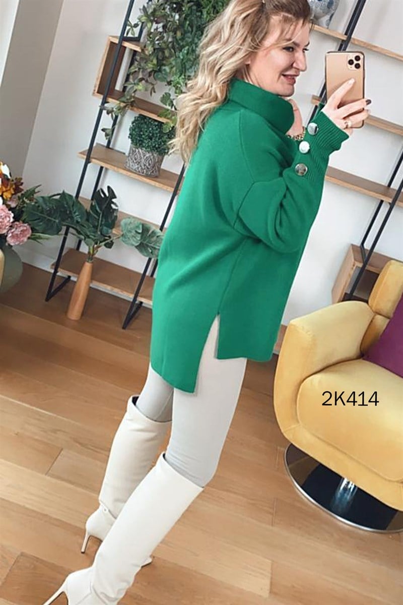 Kolu Düğmeli Boğazlı Triko Bluz