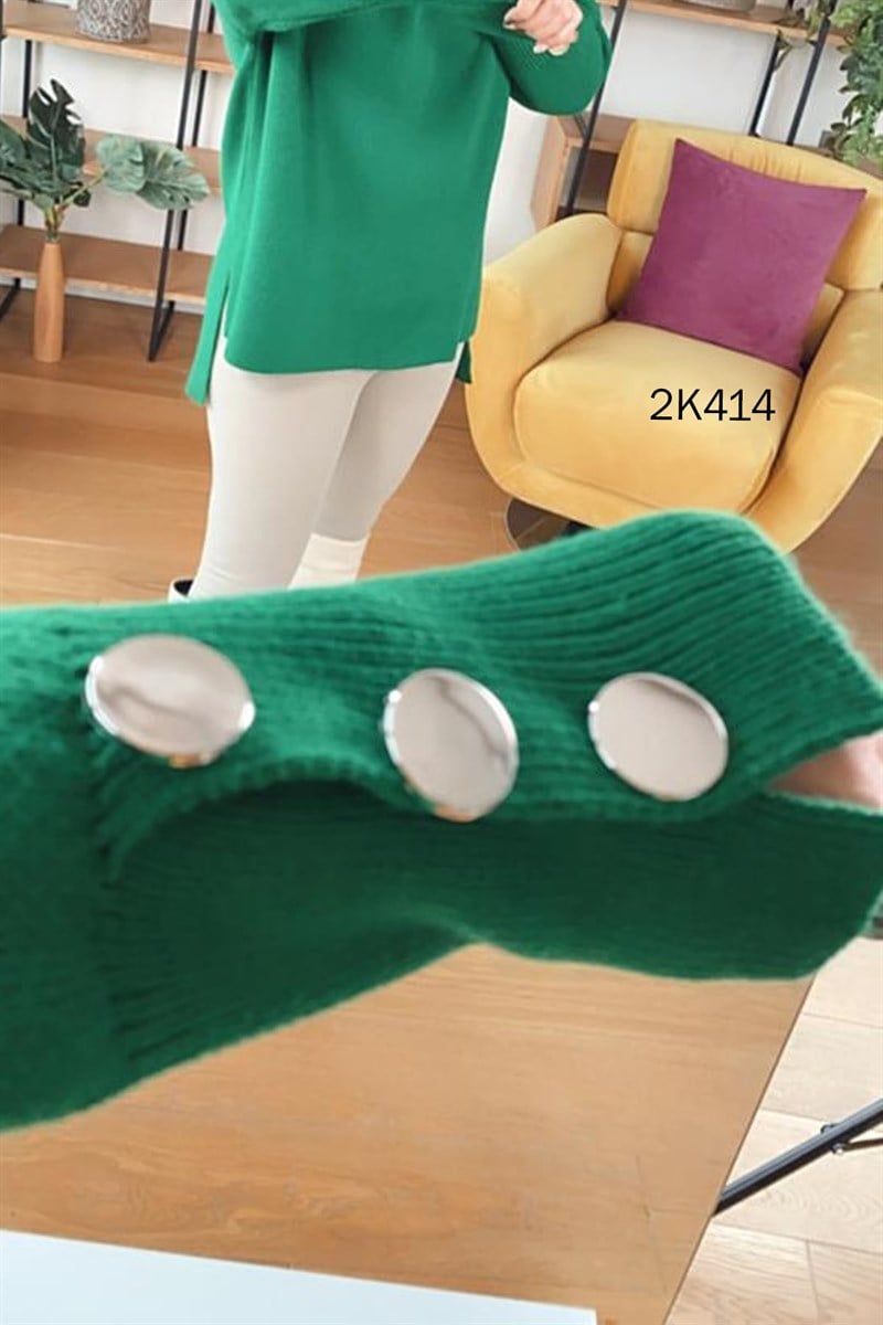 Kolu Düğmeli Boğazlı Triko Bluz