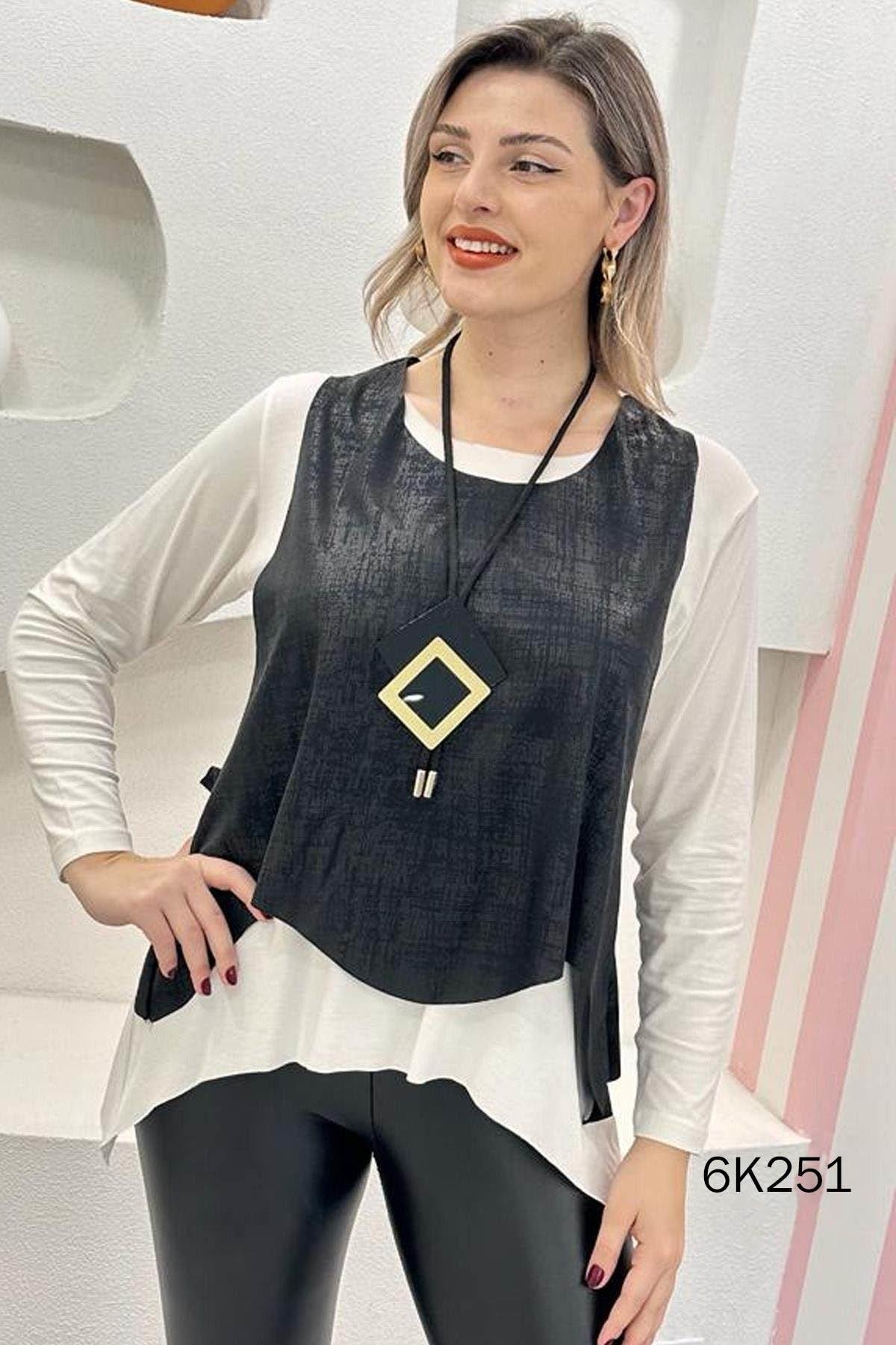 Kolye Hediyeli Yelekli Bluz