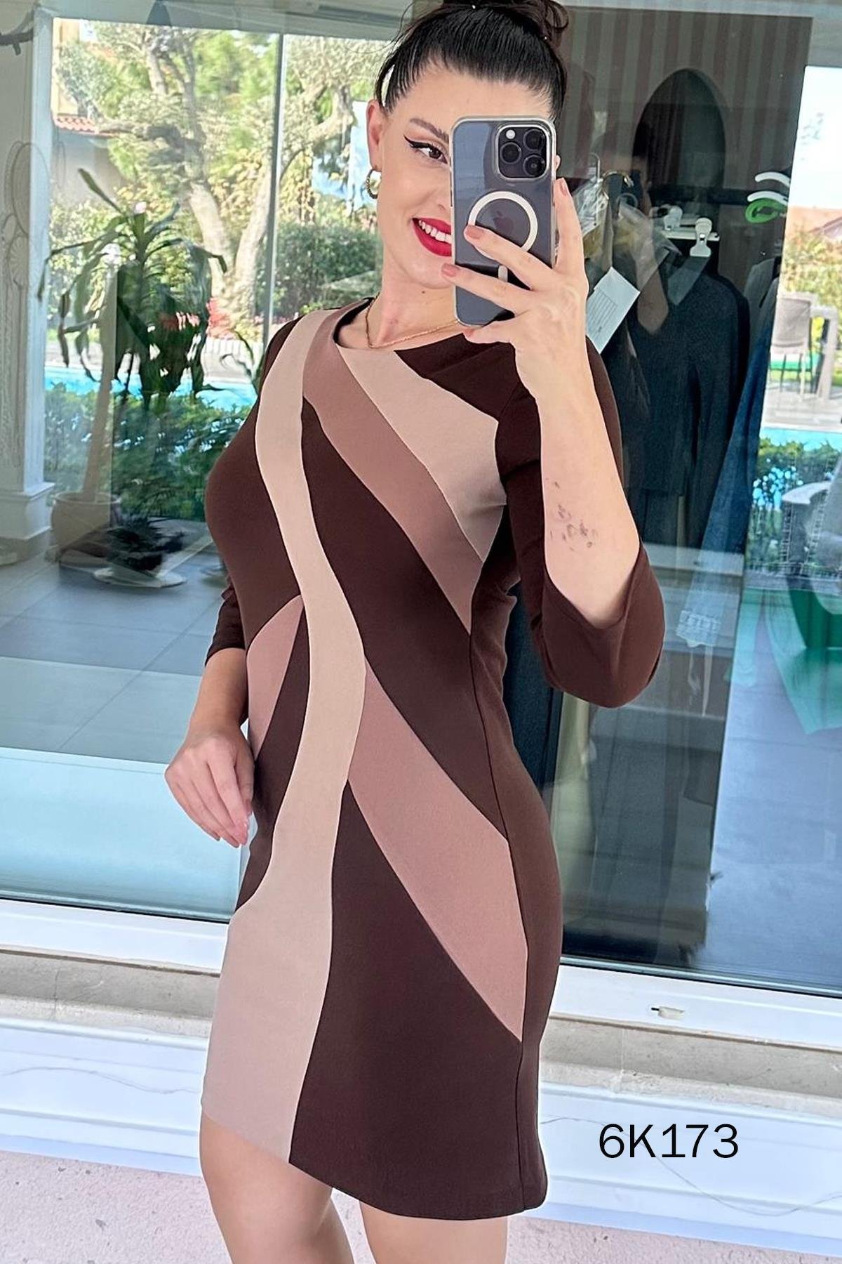 Krep Kumaş Desenli Elbise