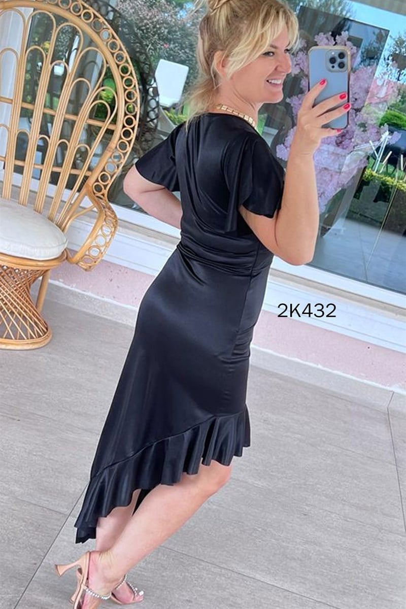 Kruvaze Yaka Fırfır Detay Saten Elbise