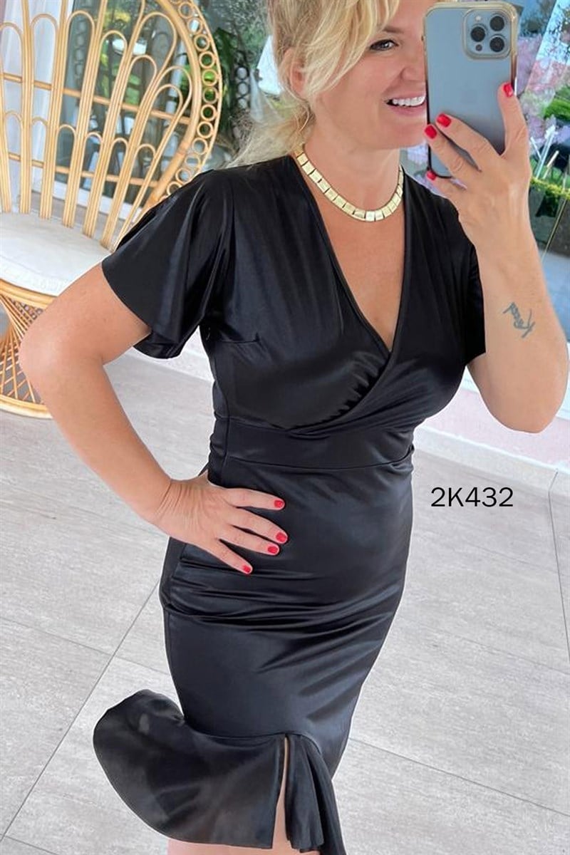 Kruvaze Yaka Fırfır Detay Saten Elbise