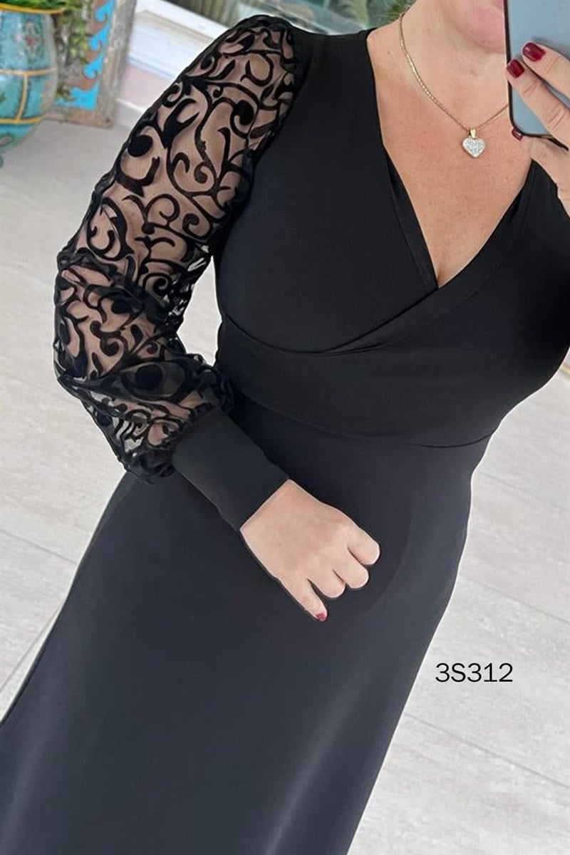 Kruvaze Yaka Kolları Tüllü Krep Elbise