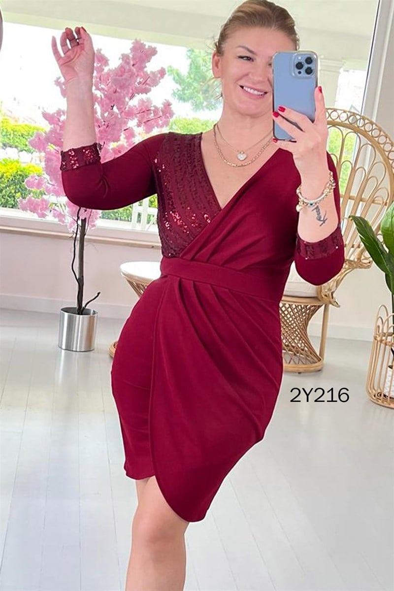 Kruvaze Yaka Pul Detay Elbise