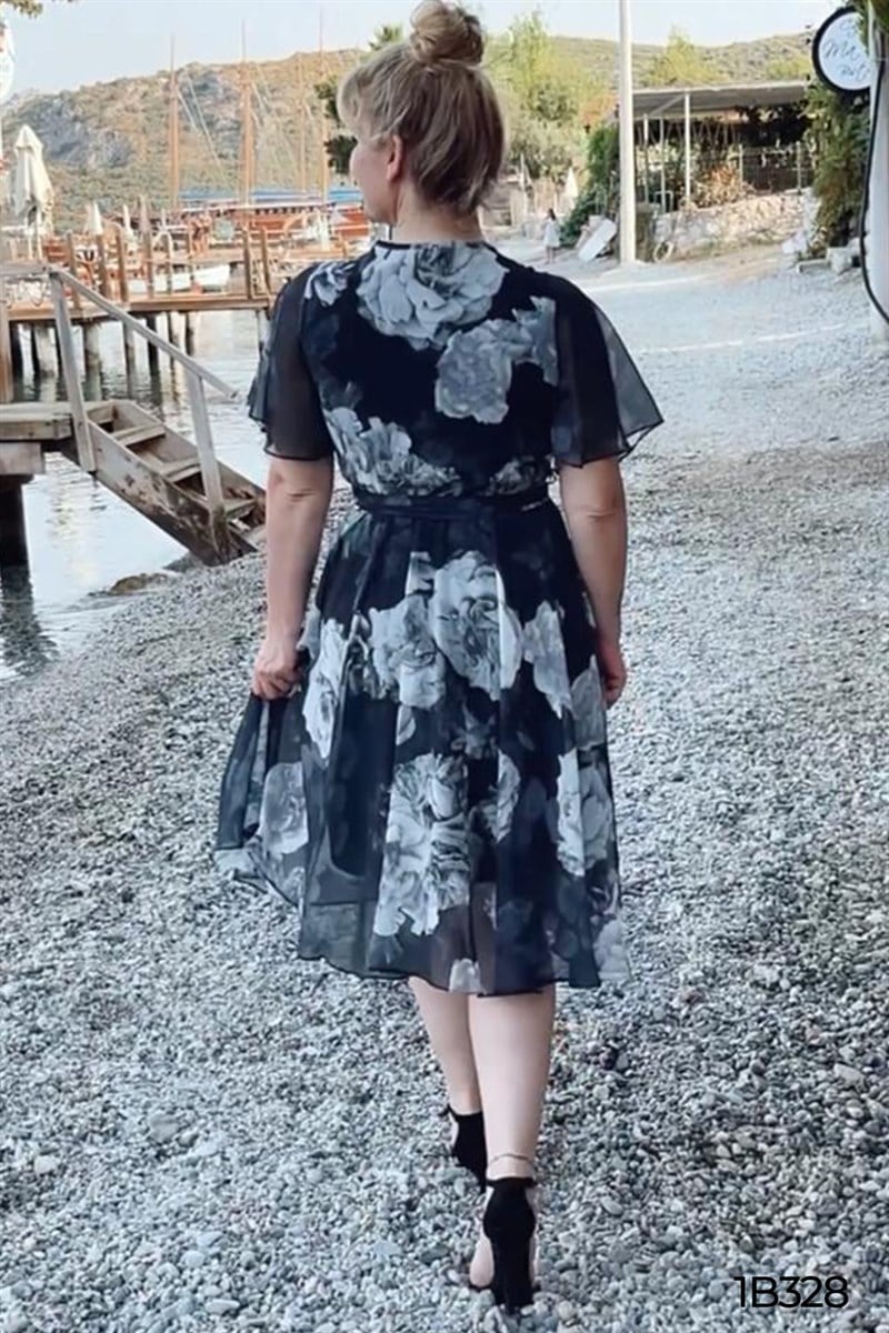 Kruvaze Yaka Volan Kol Şifon Elbise