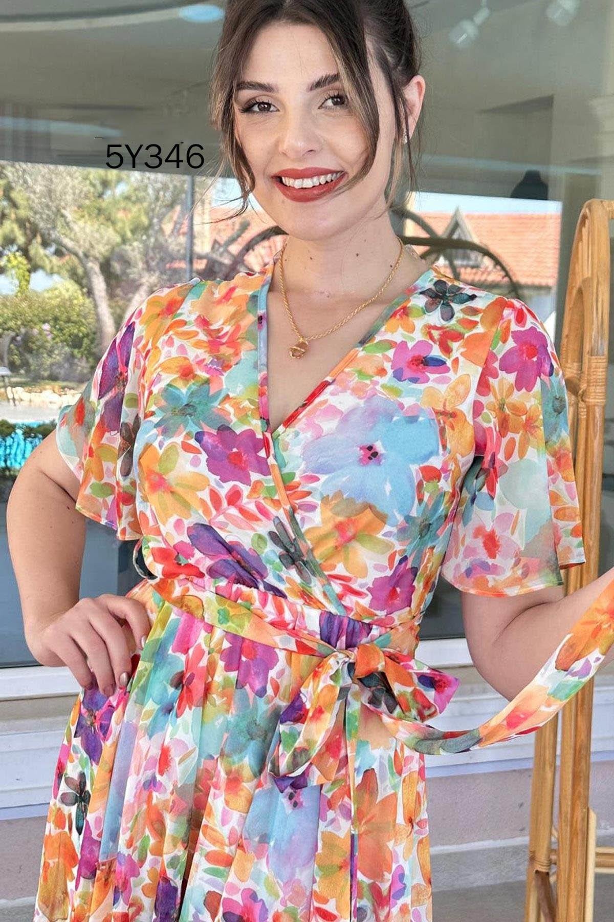 Kruvaze Yaka Volan Kol Şifon Elbise