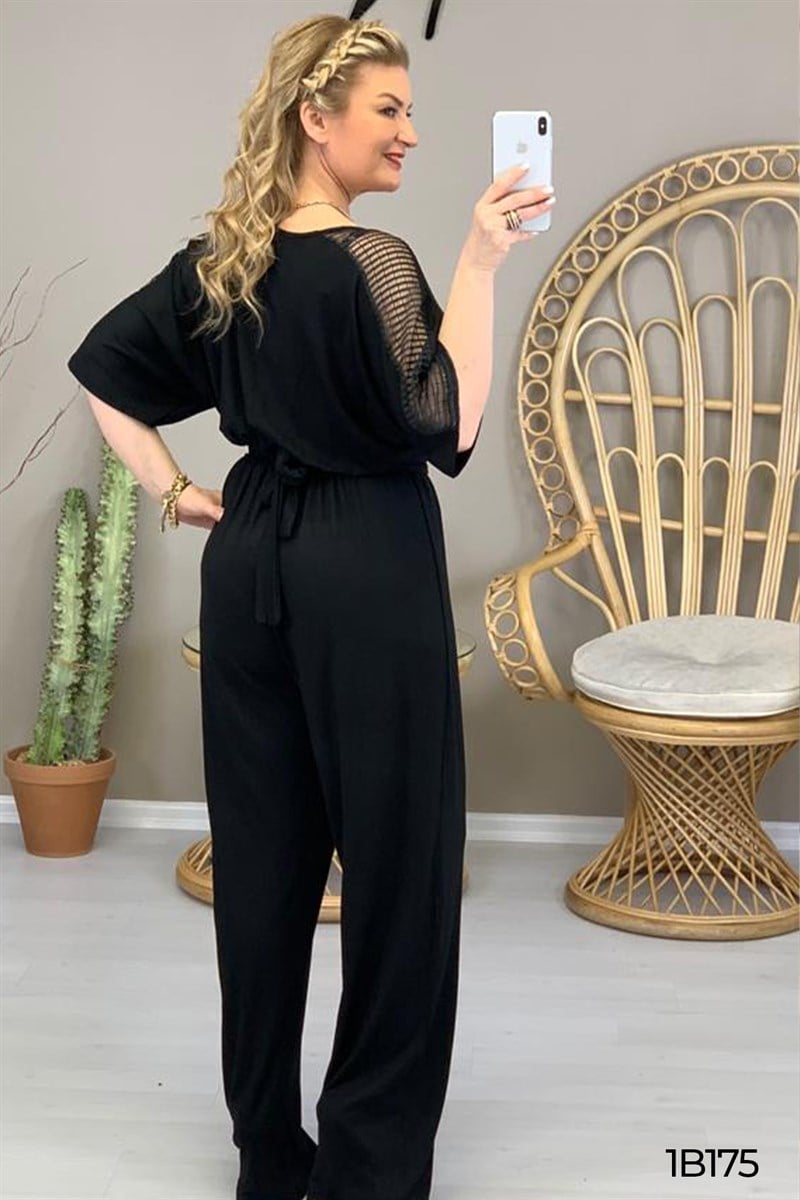 Kruvaze Yaka Yarasa Kol Tül Detay Tulum