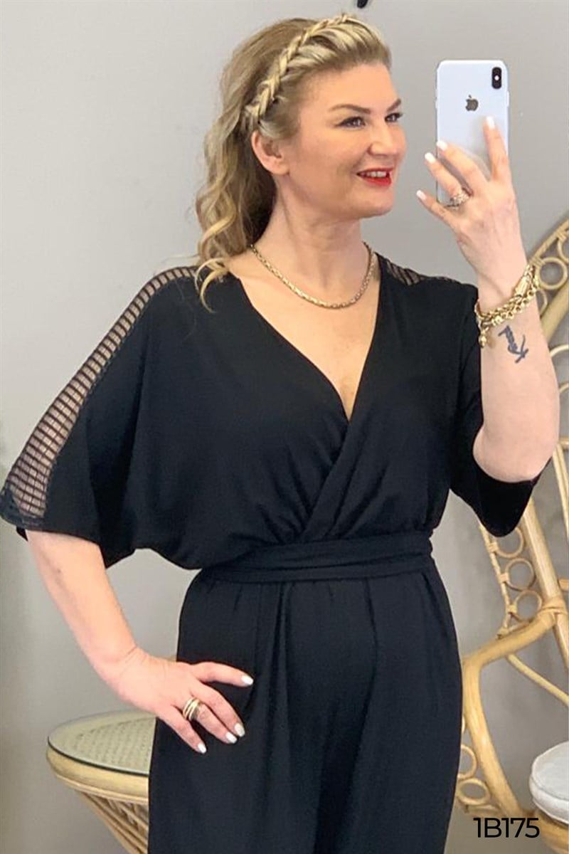 Kruvaze Yaka Yarasa Kol Tül Detay Tulum