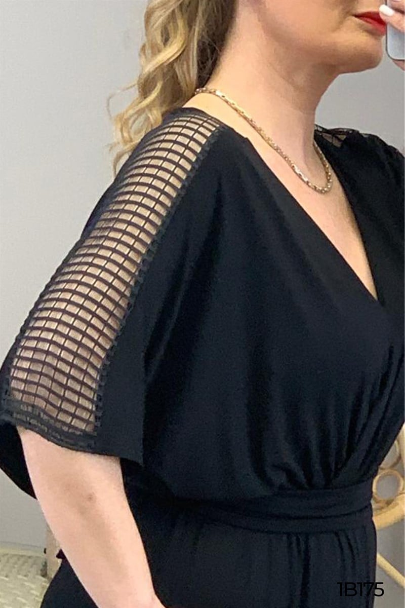 Kruvaze Yaka Yarasa Kol Tül Detay Tulum