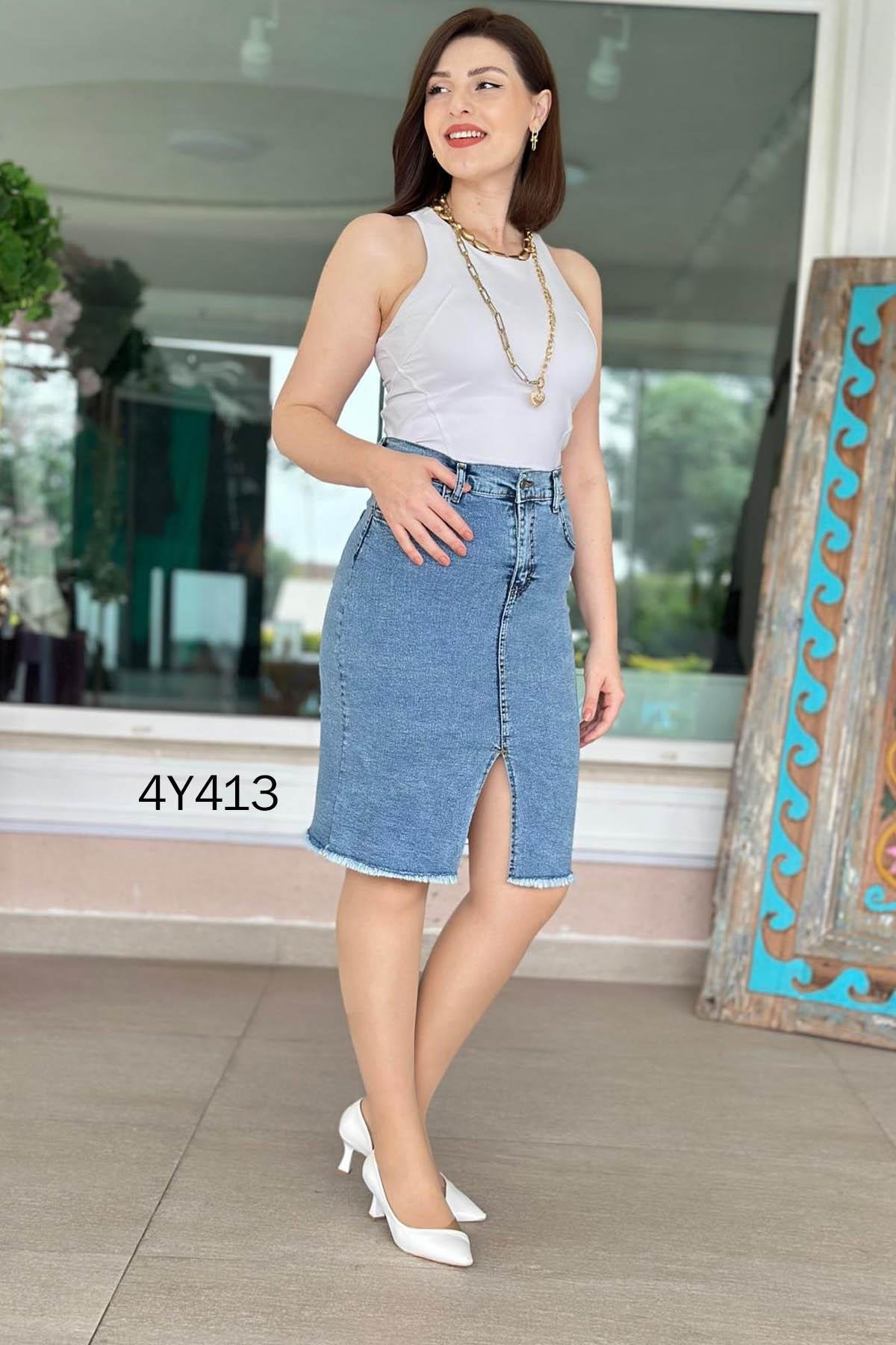 Likralı Diz Boy  Kot Etek