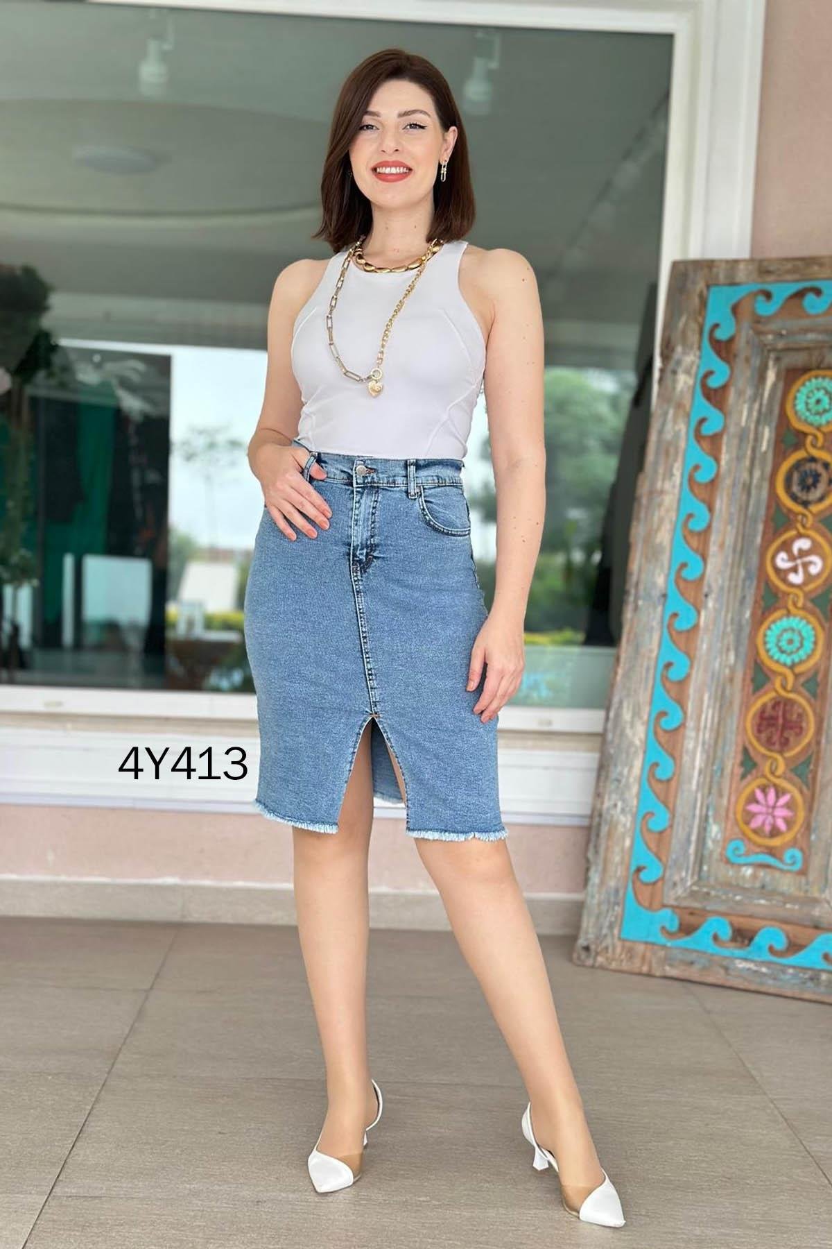 Likralı Diz Boy  Kot Etek