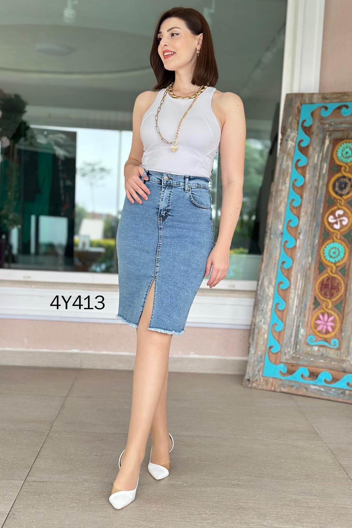 Likralı Diz Boy  Kot Etek