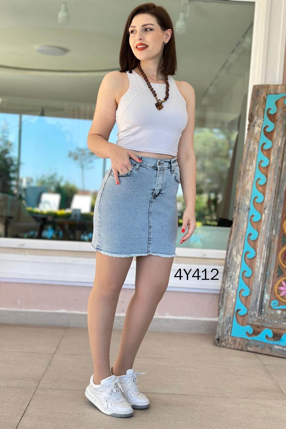 Likralı Mini  Kot Etek