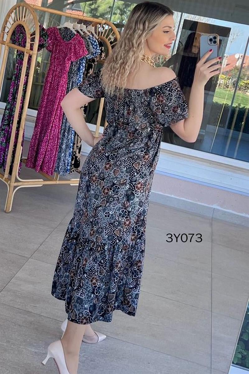 Madonna Yaka Beli Lastikli Viskon Elbise