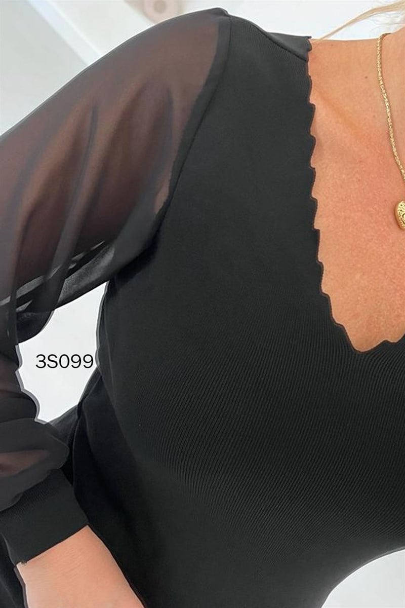 Merdiven Yaka Kolları Tül Triko Bluz