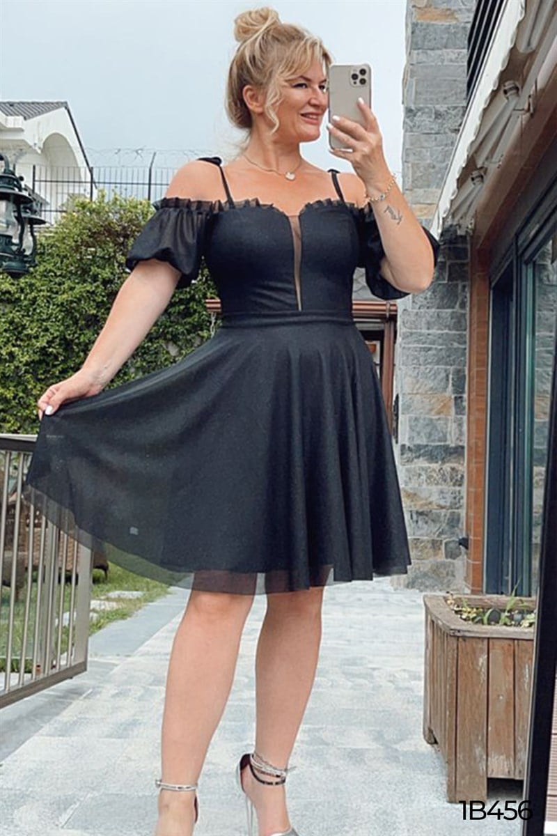Omuz Dekolte İp Askılı Simli Elbise