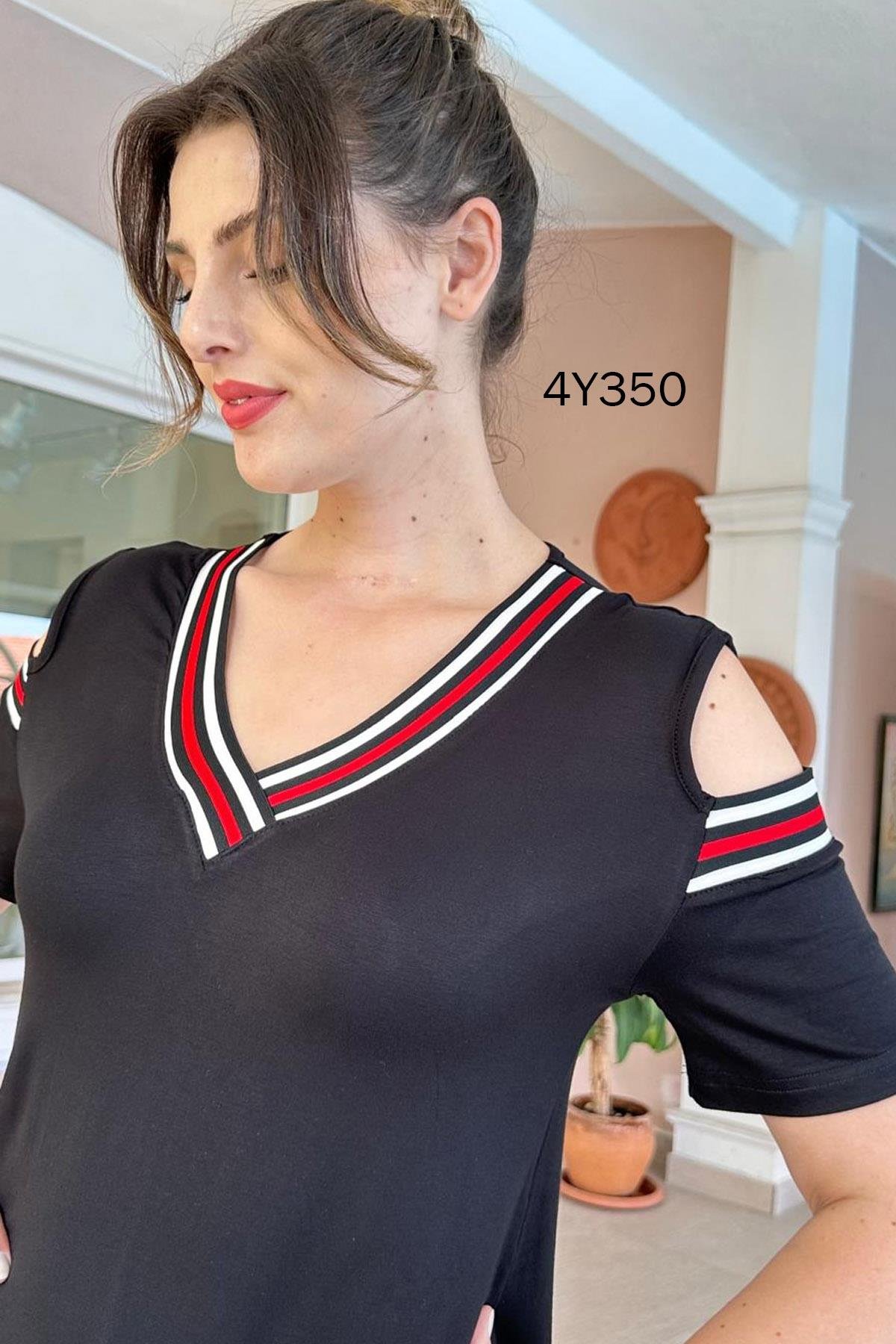 Omuz Dekolte Ribanalı Viskon Elbise
