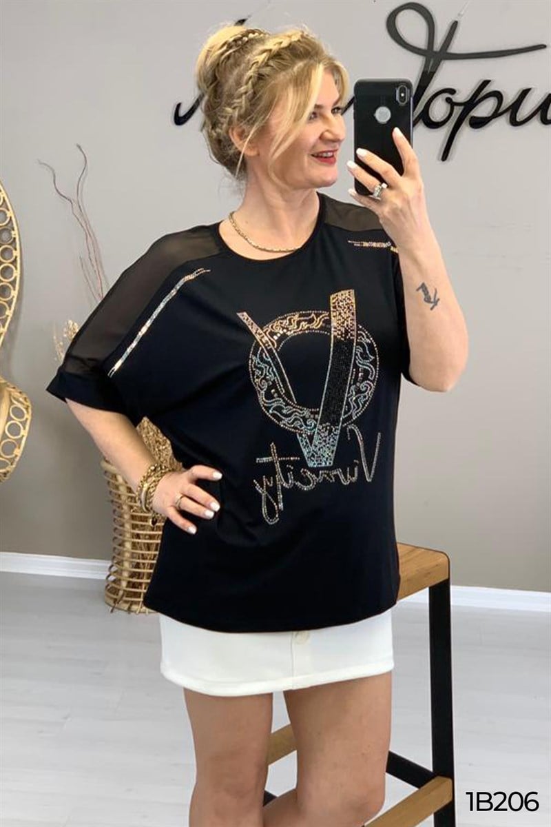 Omuzu Tül Detay Taş Baskılı Bluz