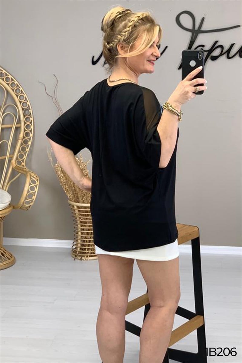 Omuzu Tül Detay Taş Baskılı Bluz