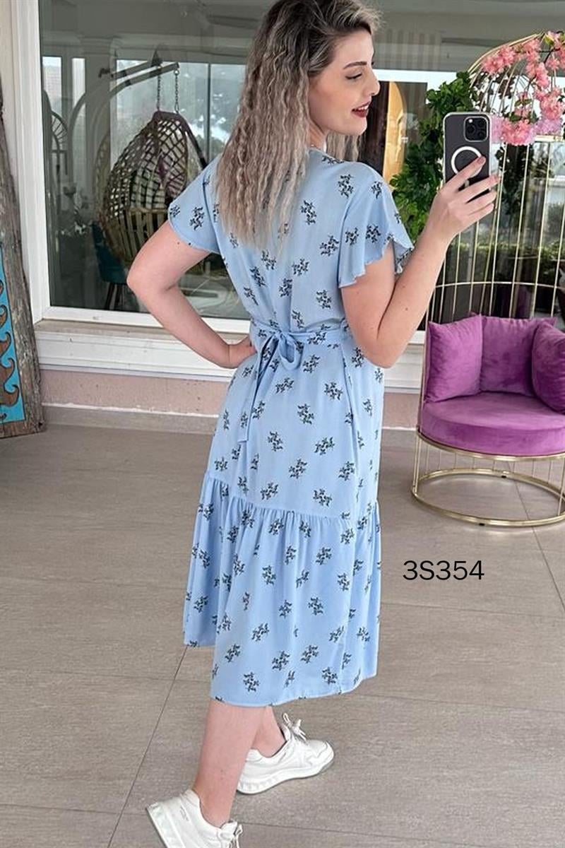 Önden Düğmeli Belden Bağlamalı Elbise