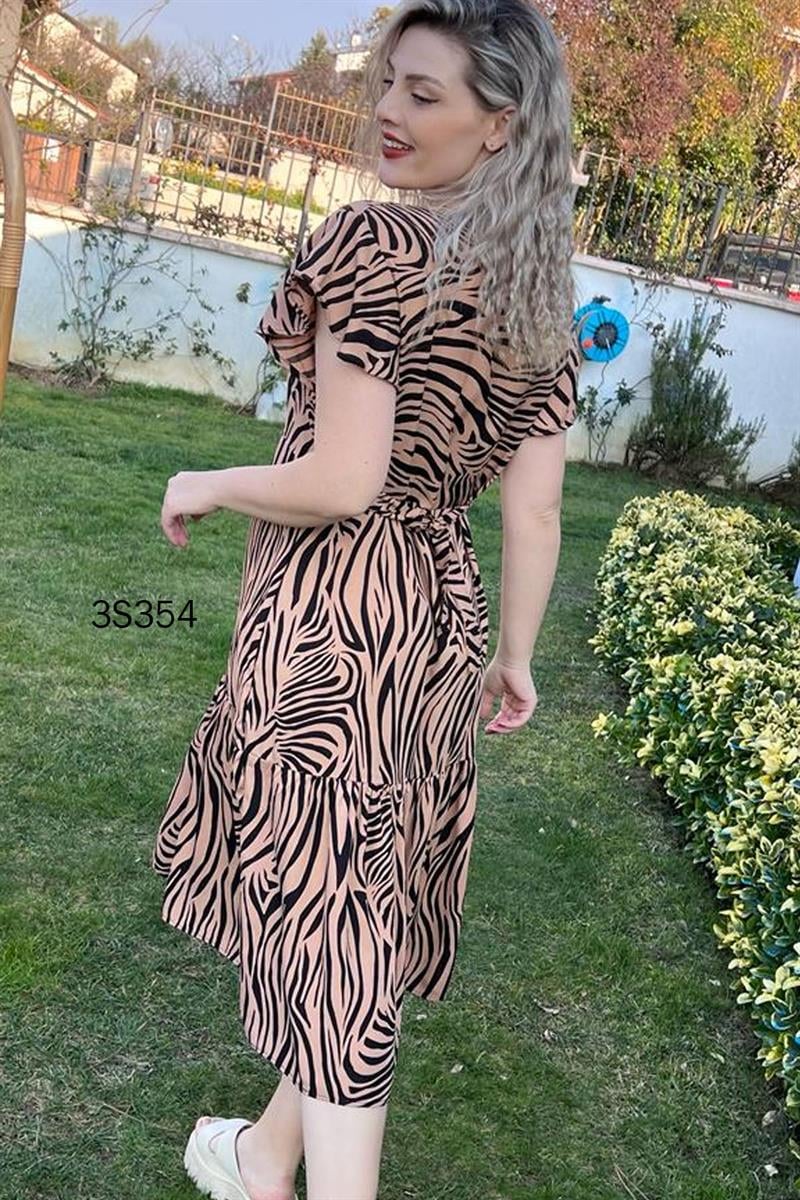 Önden Düğmeli Belden Bağlamalı Elbise