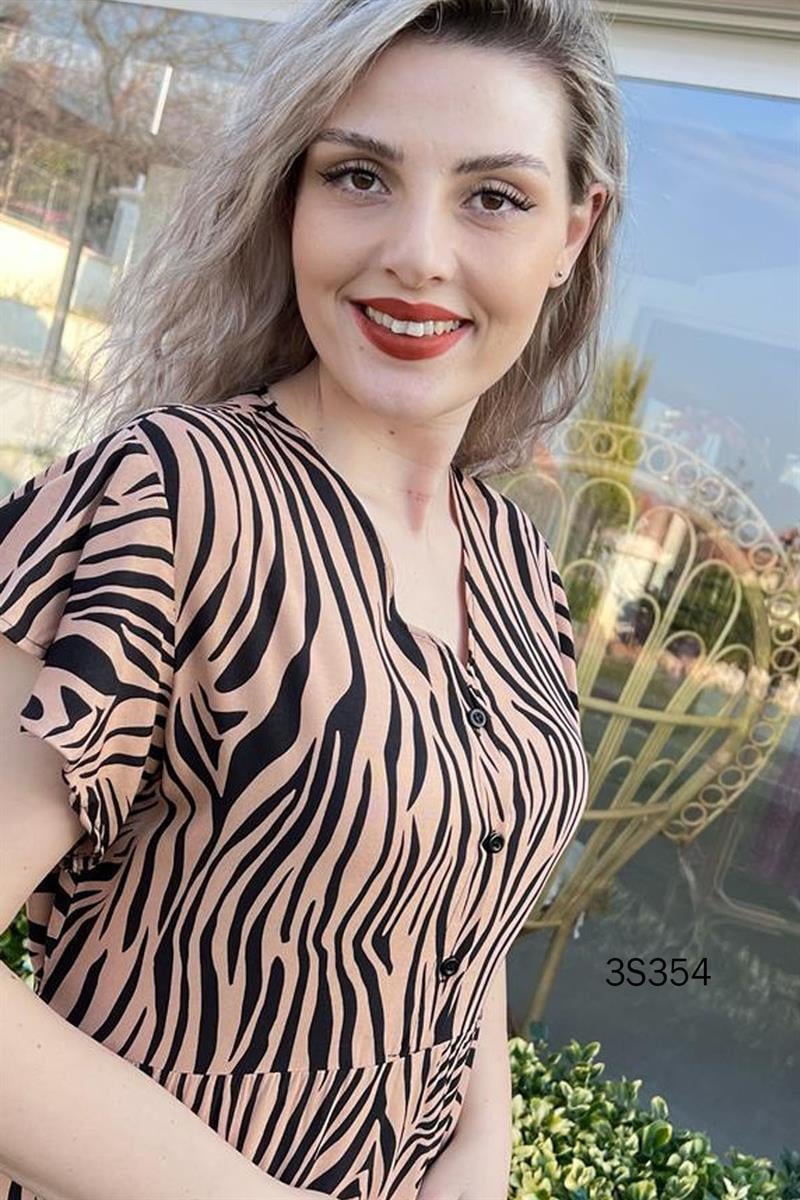 Önden Düğmeli Belden Bağlamalı Elbise