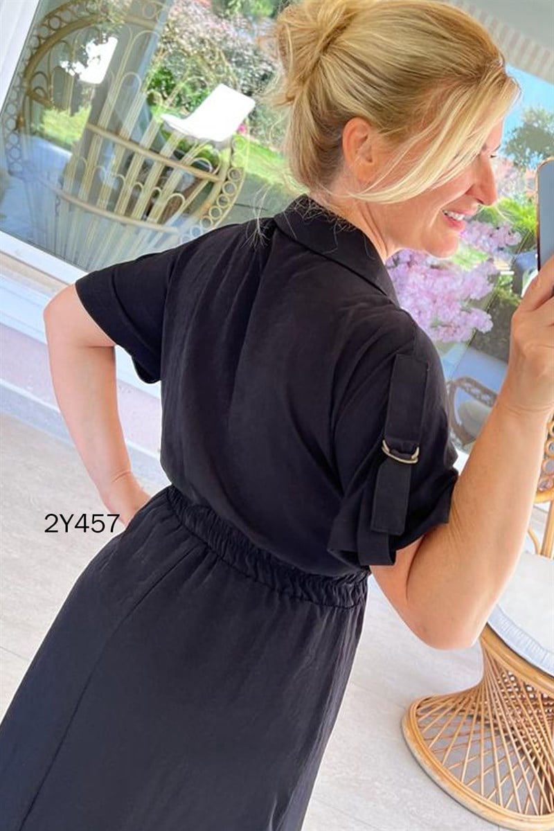Önden Düğmeli Beli Lastikli Elbise