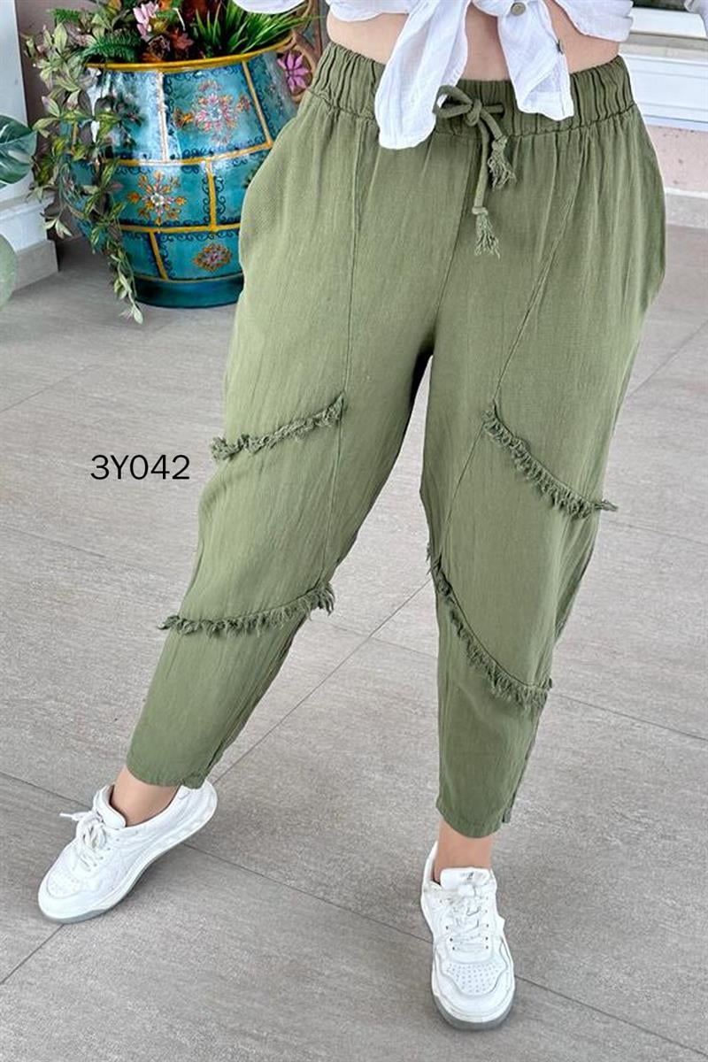Parçalı Püsküllü Keten Pantolon