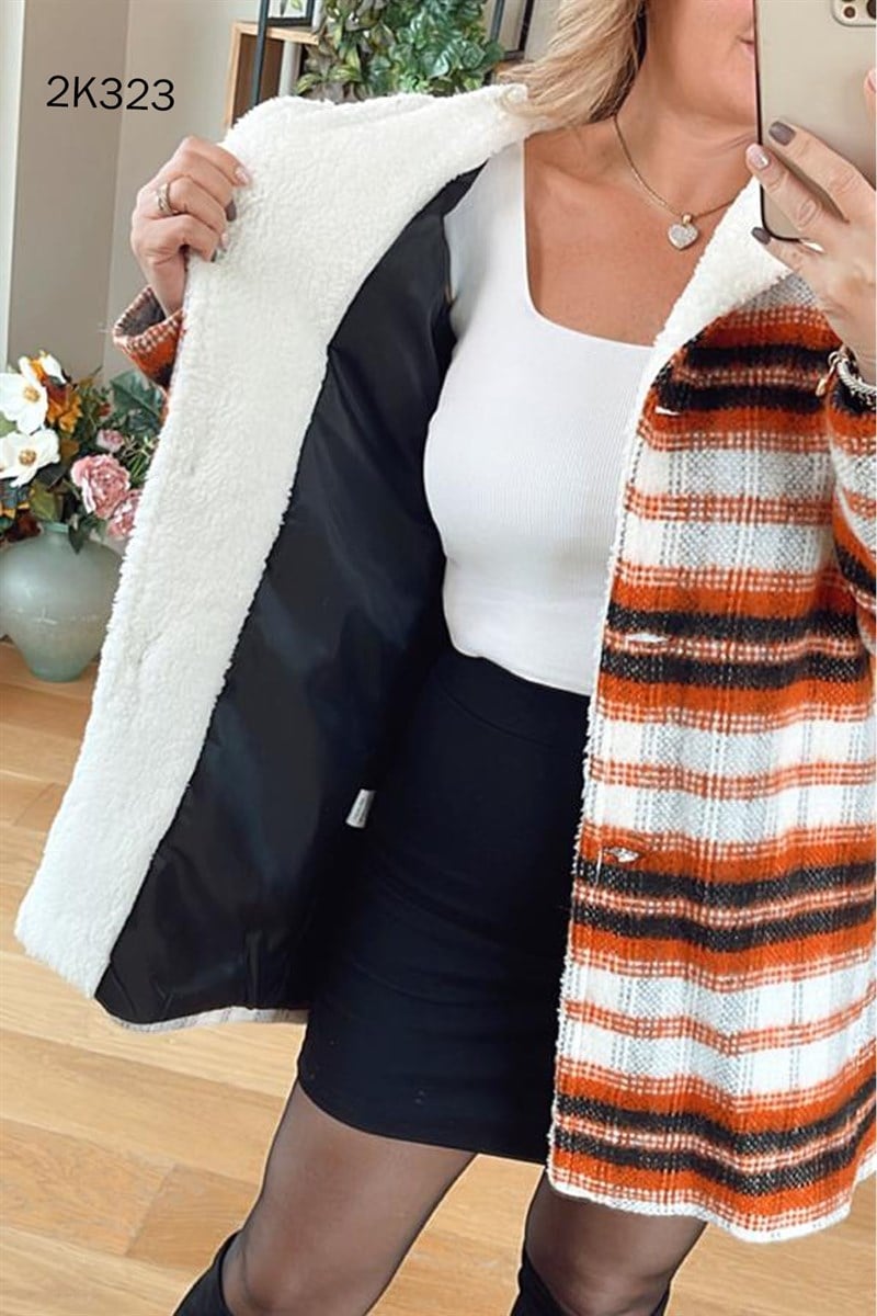Peluş Garnili Kapşonlu Ekose Kaşe