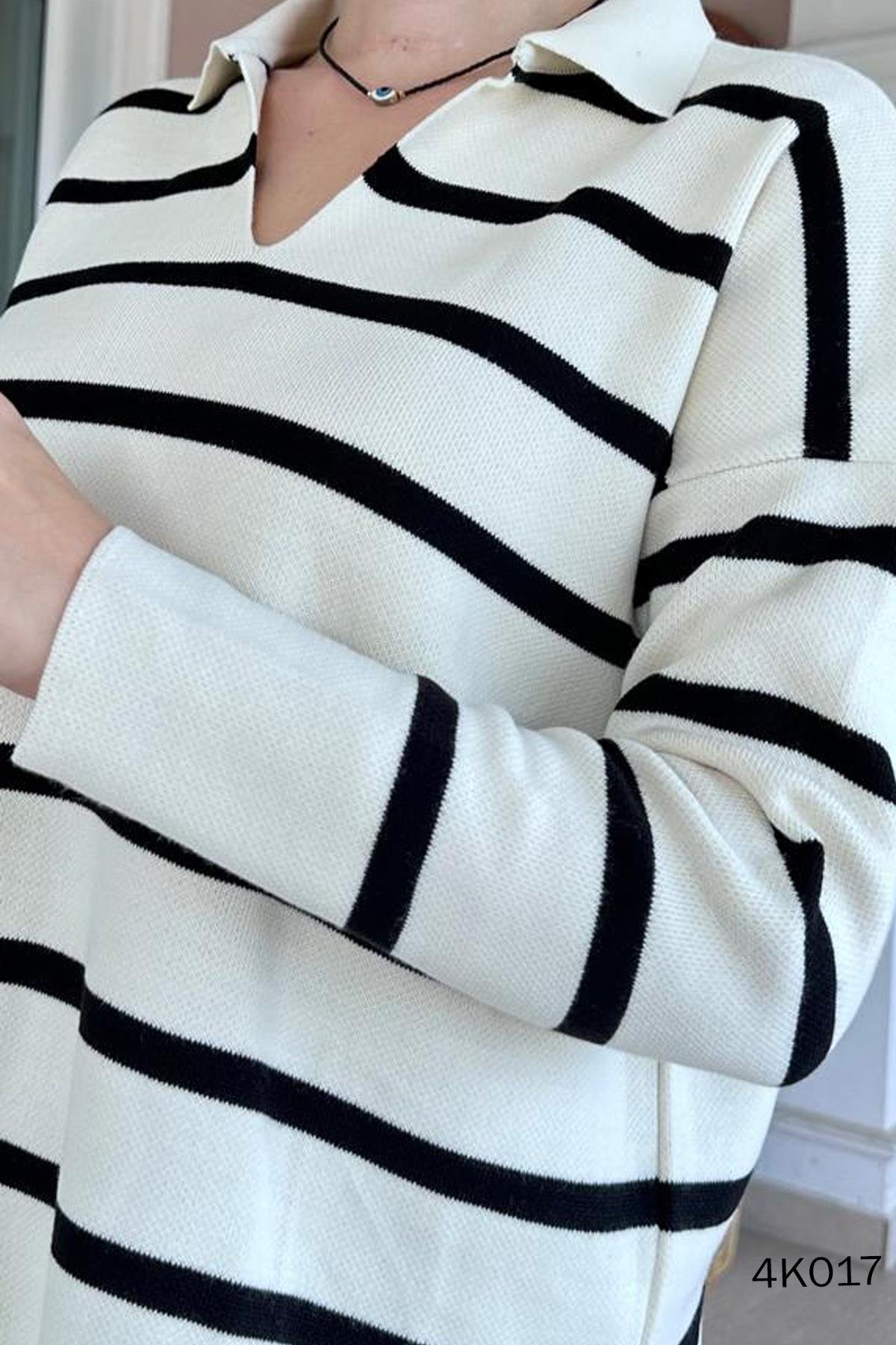 Polo Yaka Çizgili Triko Bluz