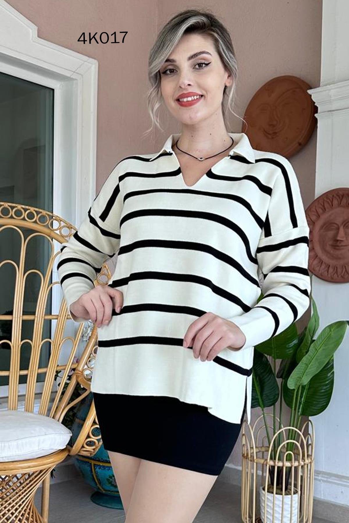Polo Yaka Çizgili Triko Bluz