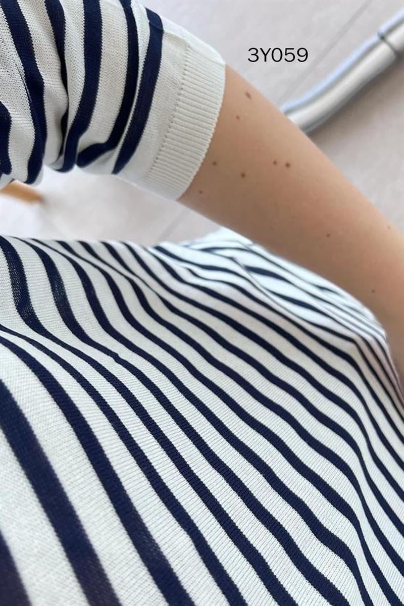 Polo Yaka  Çizgili Triko Bluz