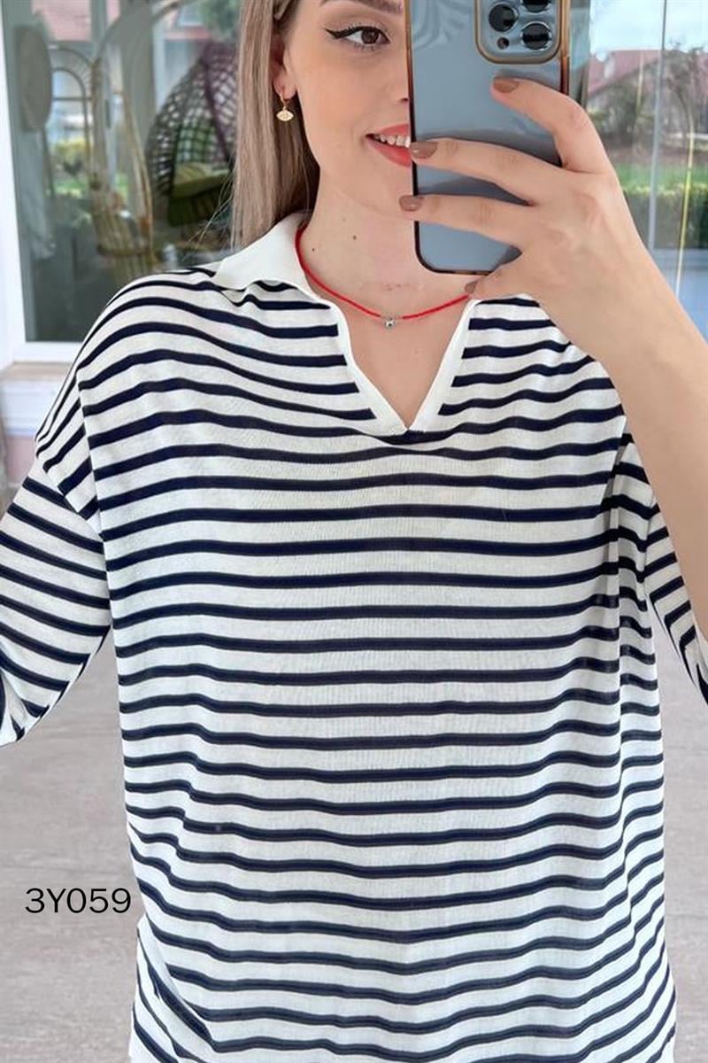 Polo Yaka  Çizgili Triko Bluz