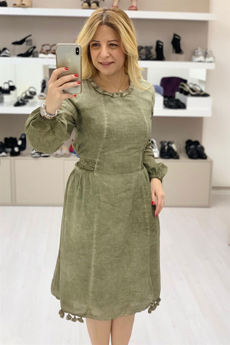 Resvina- Keten Nakış İşleme Diz Altı Elbise