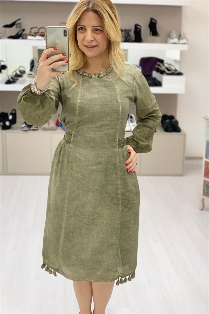 Resvina- Keten Nakış İşleme Diz Altı Elbise