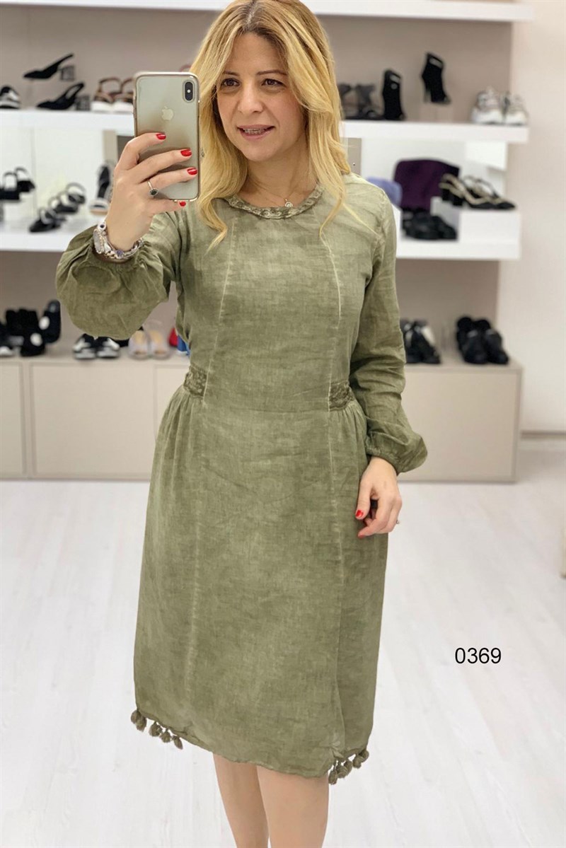 Resvina- Keten Nakış İşleme Diz Altı Elbise