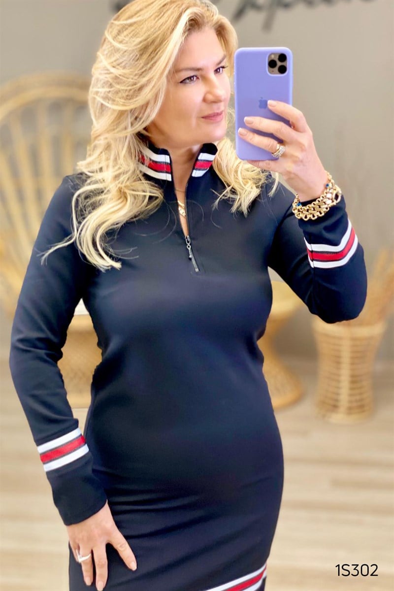 Şeritli Fermuarlı Elbise