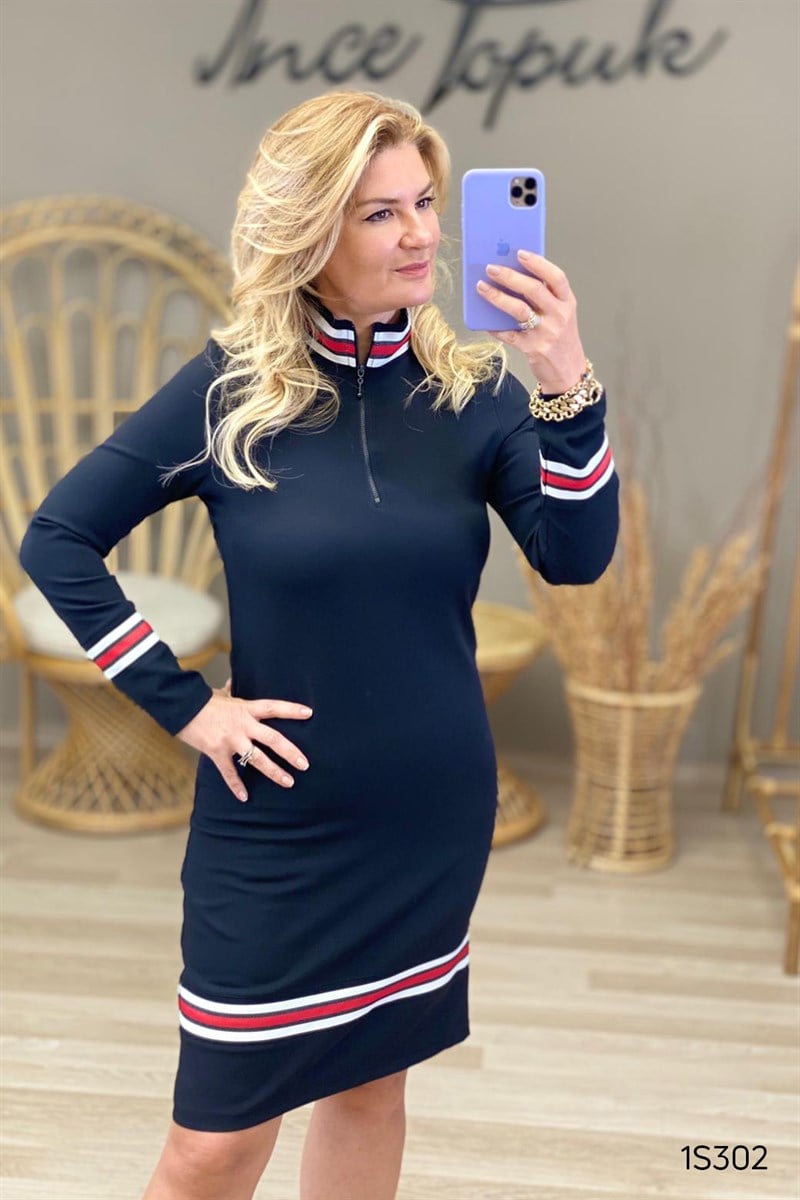 Şeritli Fermuarlı Elbise