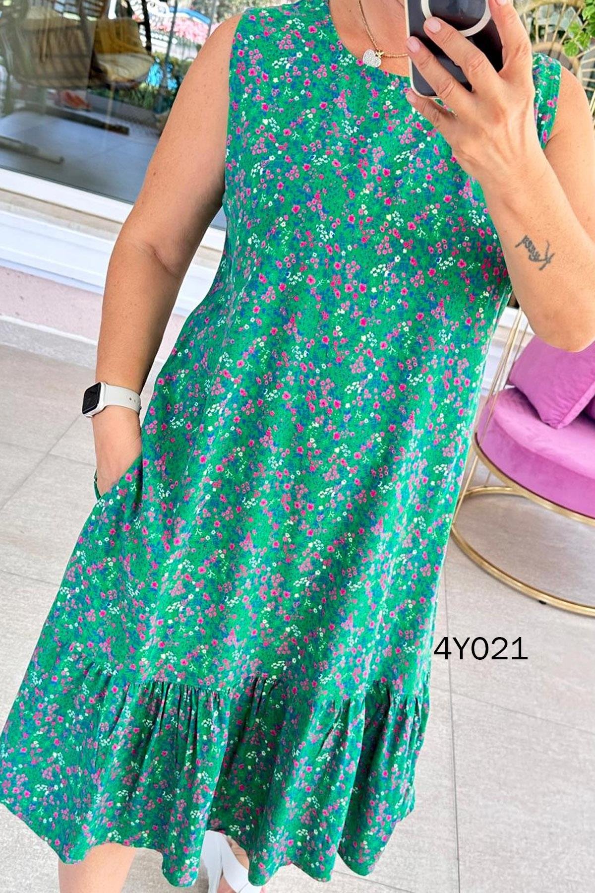 Sıfır Kol Dokuma Viskon Elbise