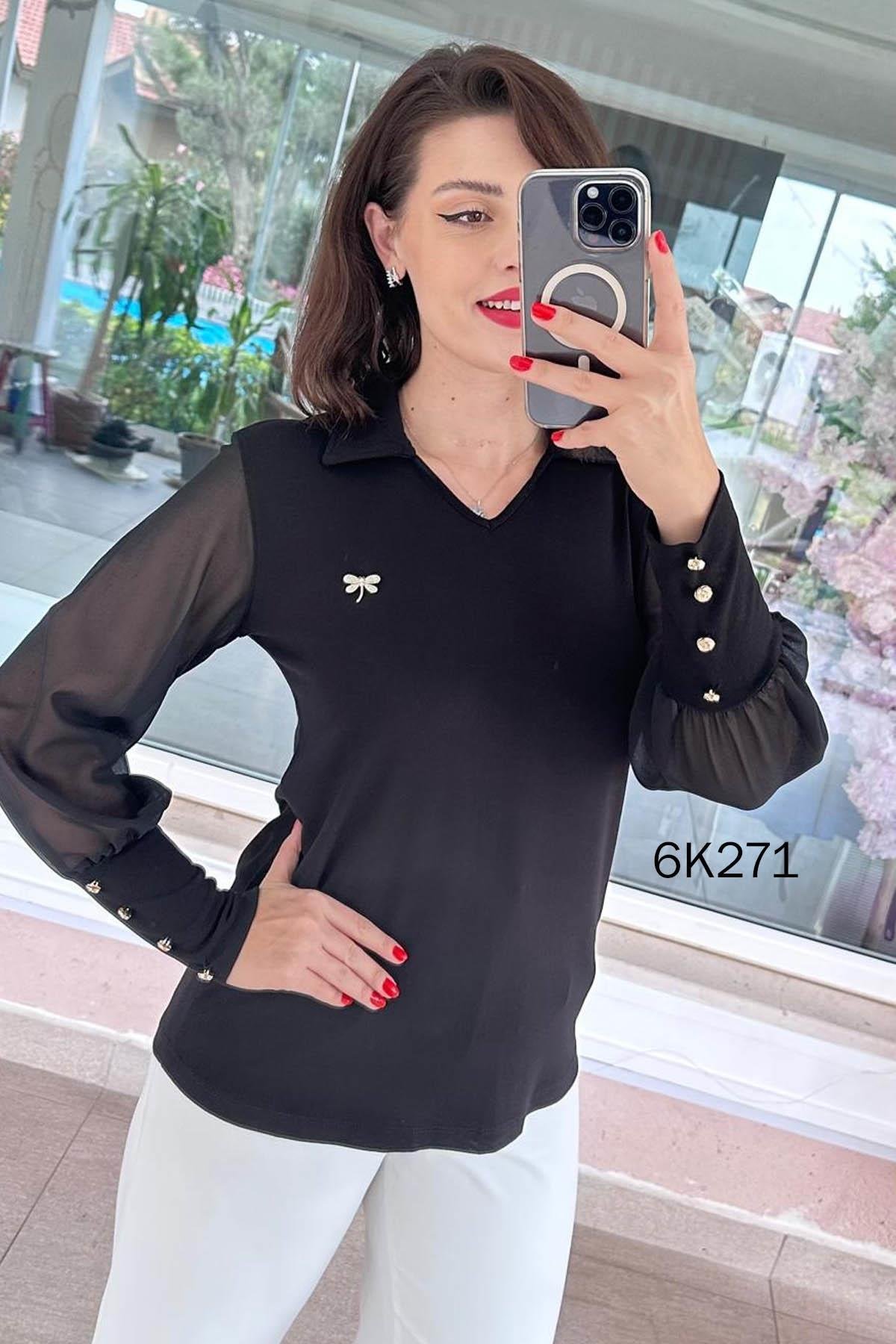 Şifon Kollu Düğme Detay Çilek Bluz