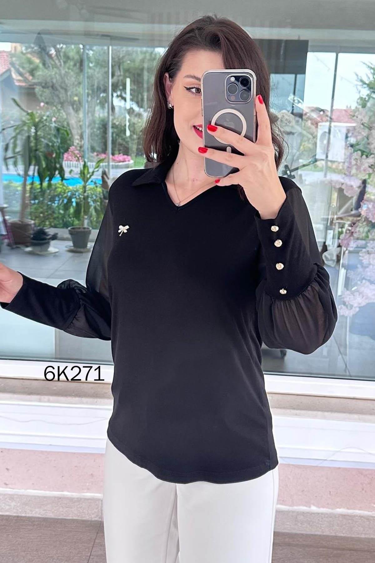 Şifon Kollu Düğme Detay Çilek Bluz