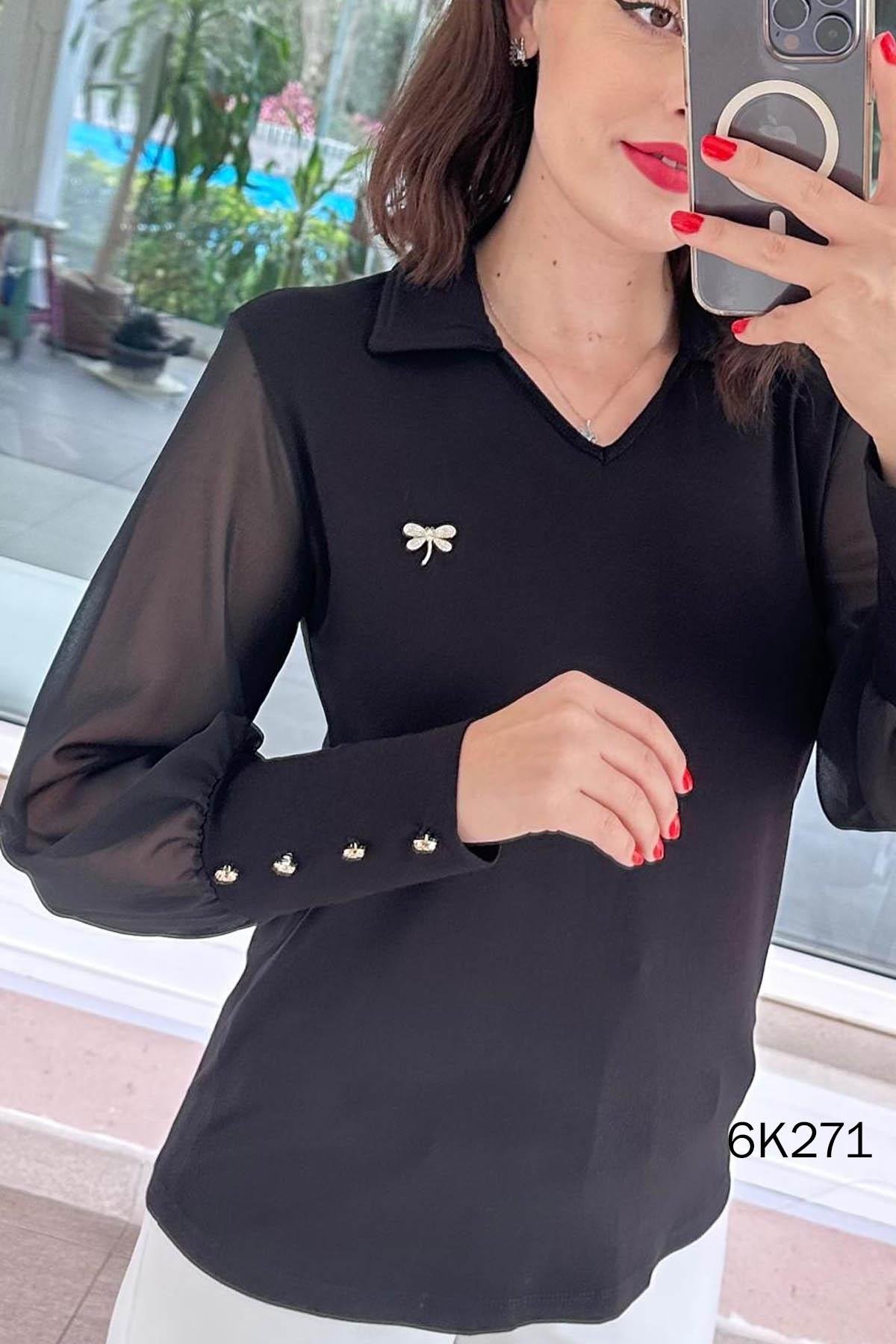 Şifon Kollu Düğme Detay Çilek Bluz