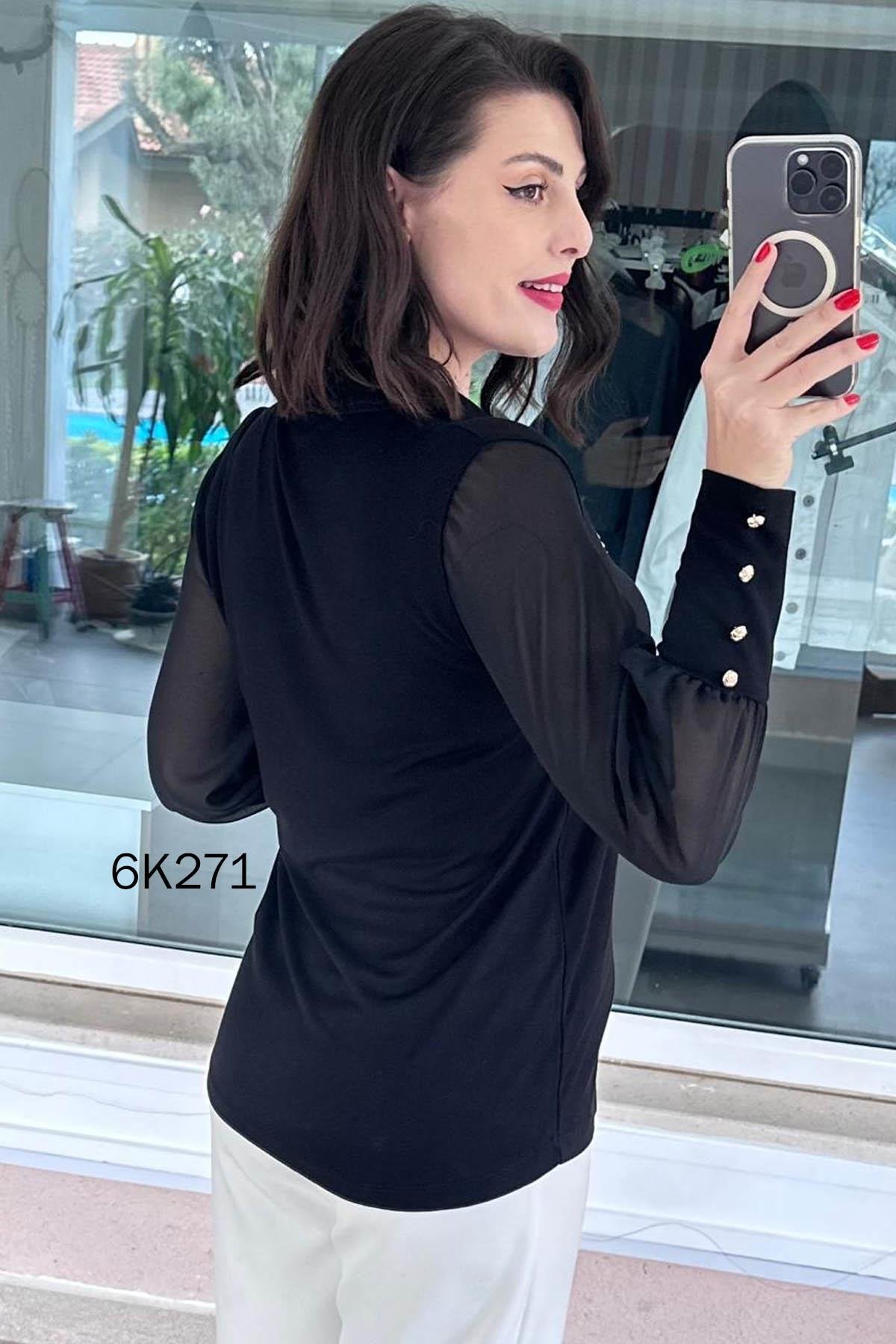 Şifon Kollu Düğme Detay Çilek Bluz