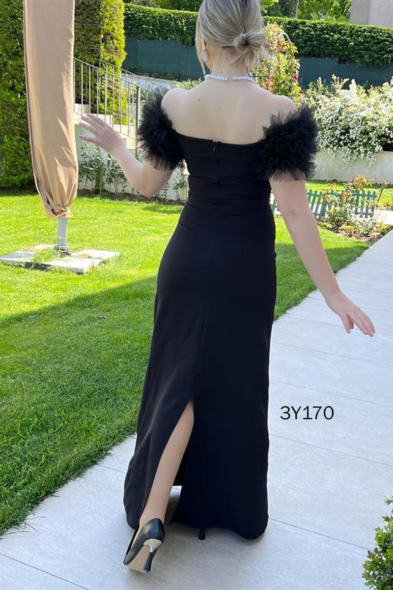 Straplez Yaka Fırfır Kollu Abiye Elbise