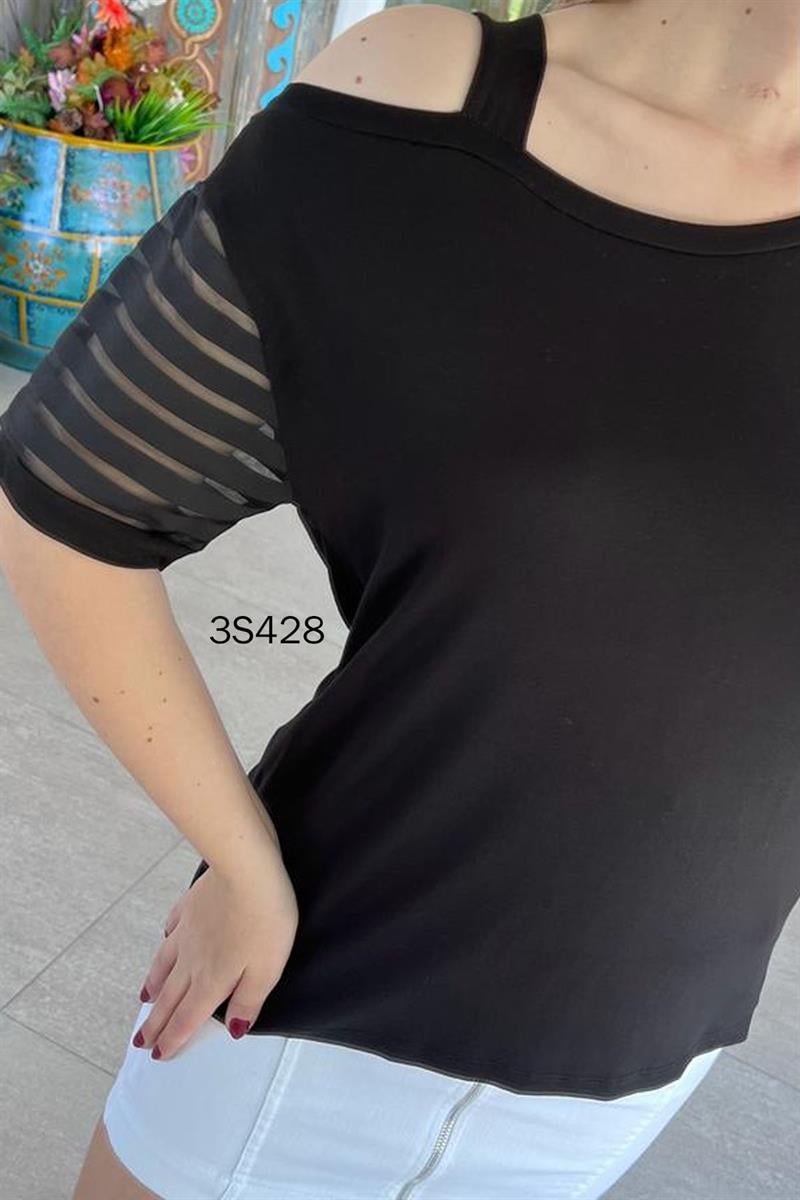Tek  Omuz Dekolte Tül Detay Bluz