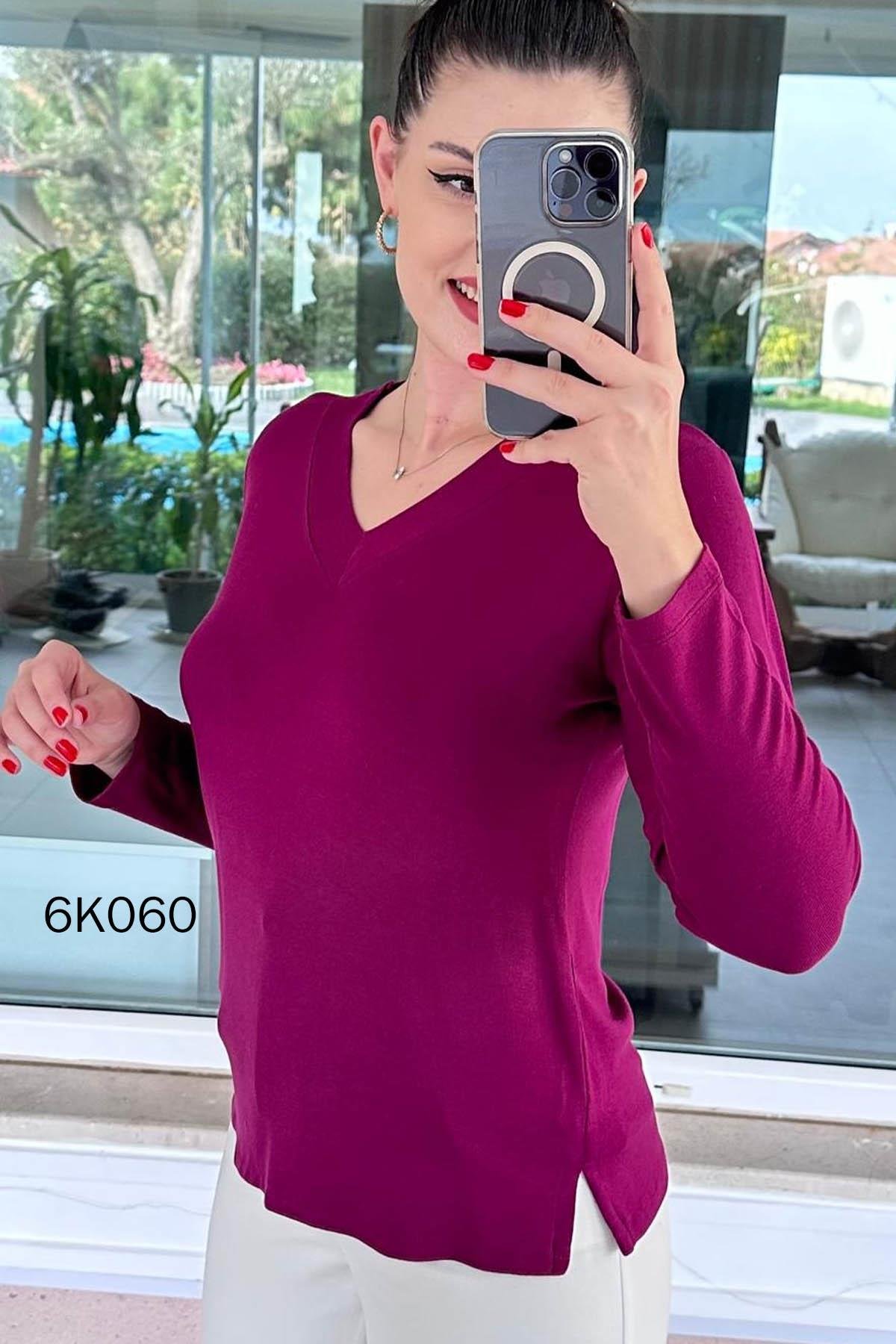 V Yaka Çilek Kumaş Bluz