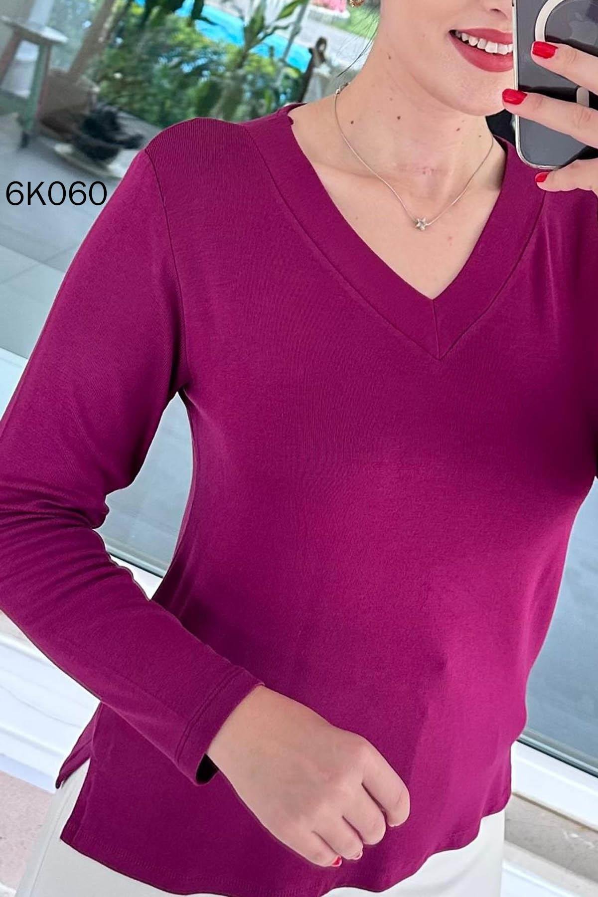 V Yaka Çilek Kumaş Bluz