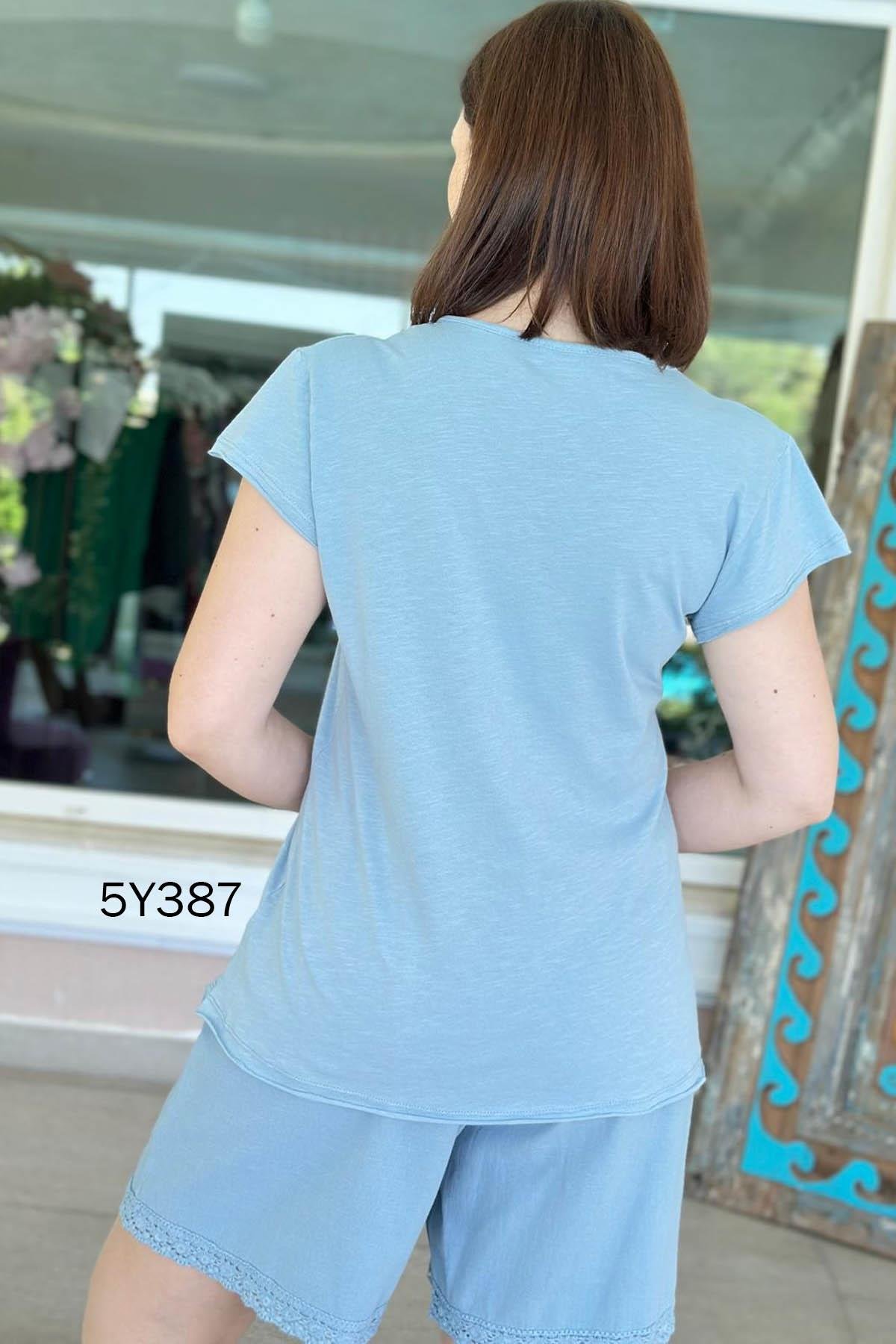 V Yaka Güpür Detay Pamuklu Süprem Bluz