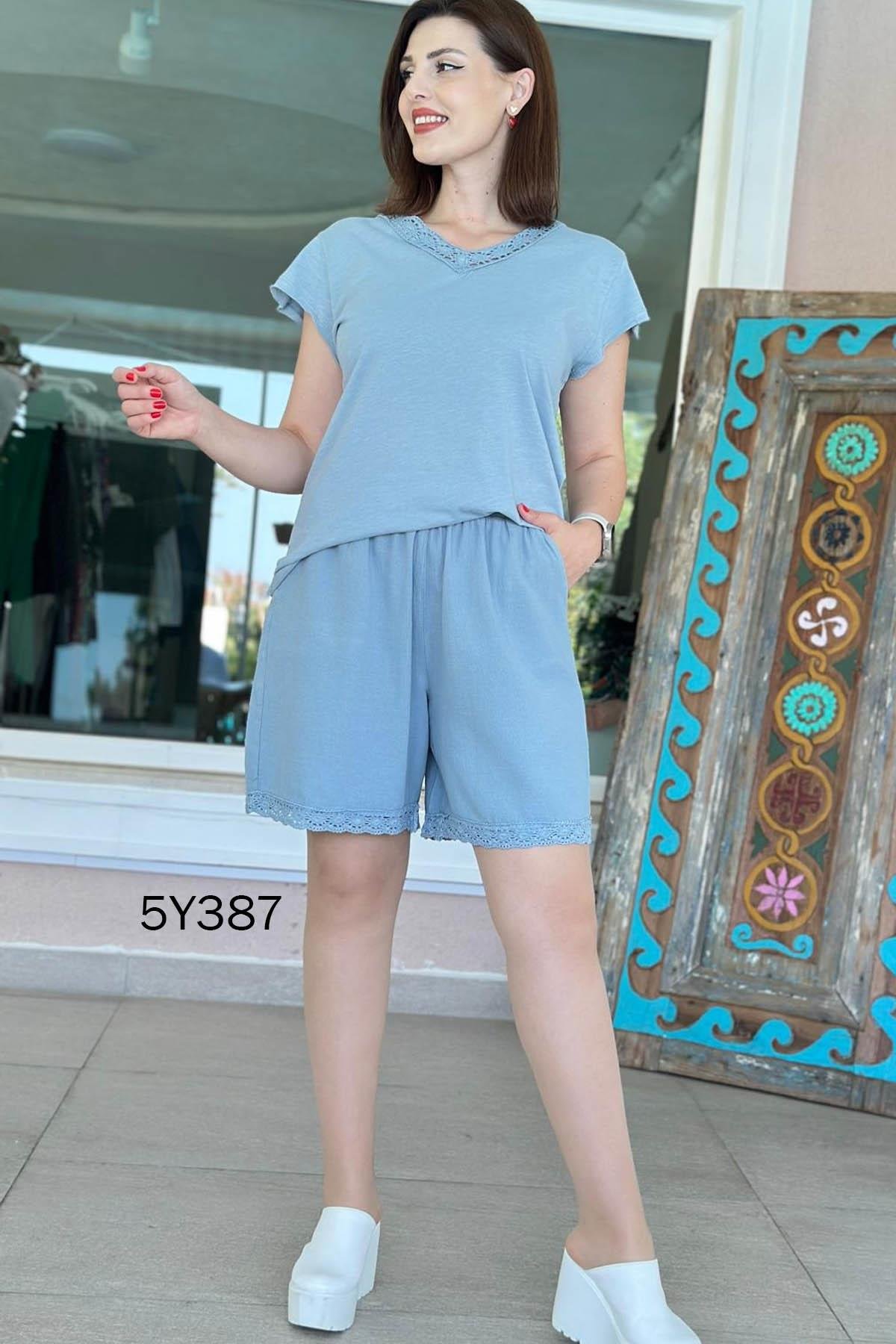 V Yaka Güpür Detay Pamuklu Süprem Bluz